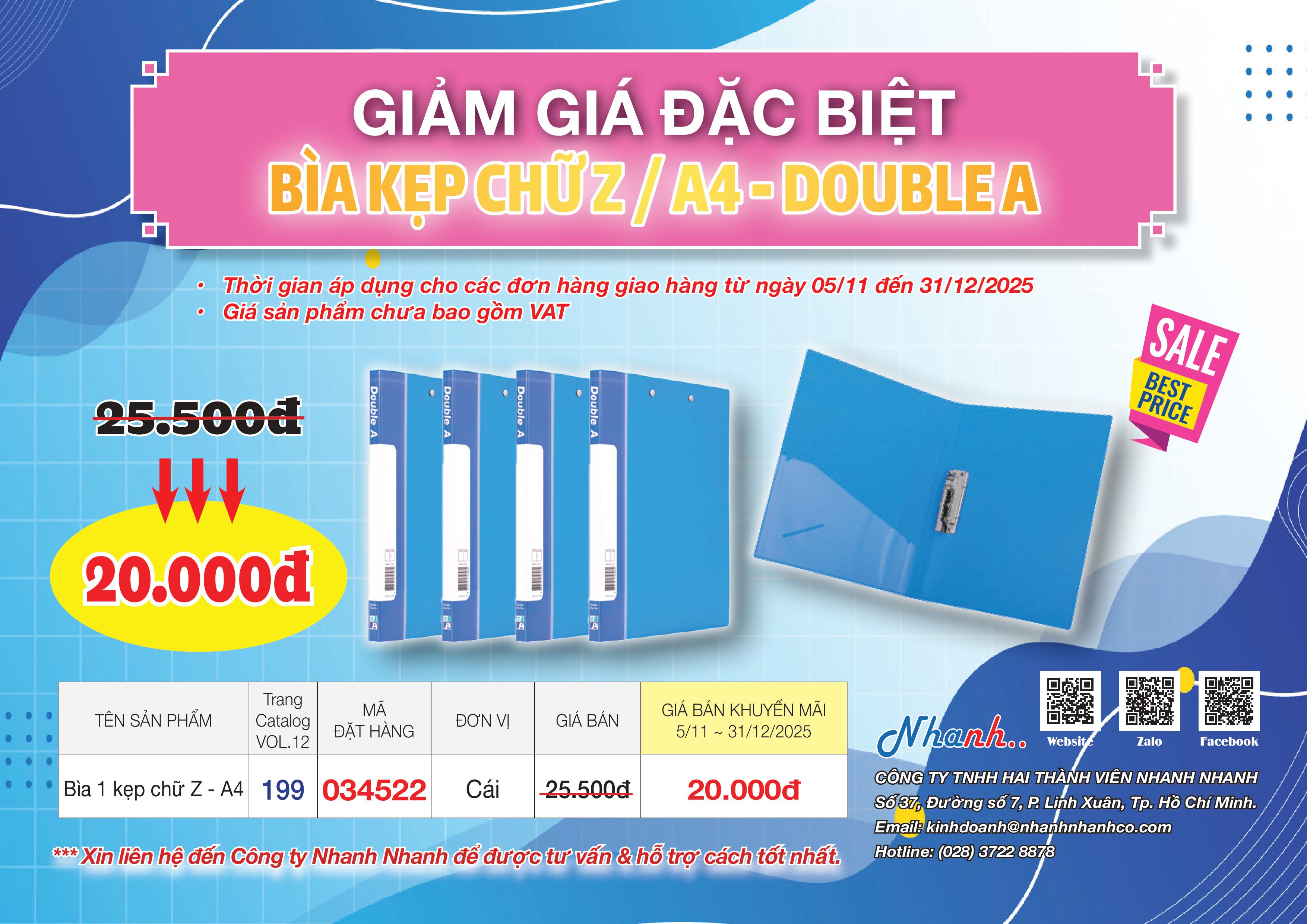 ƯU ĐÃI ĐẶC BIỆT BÌA KẸP A4 CHỮ Z - THƯƠNG HIỆU DOUBLE A